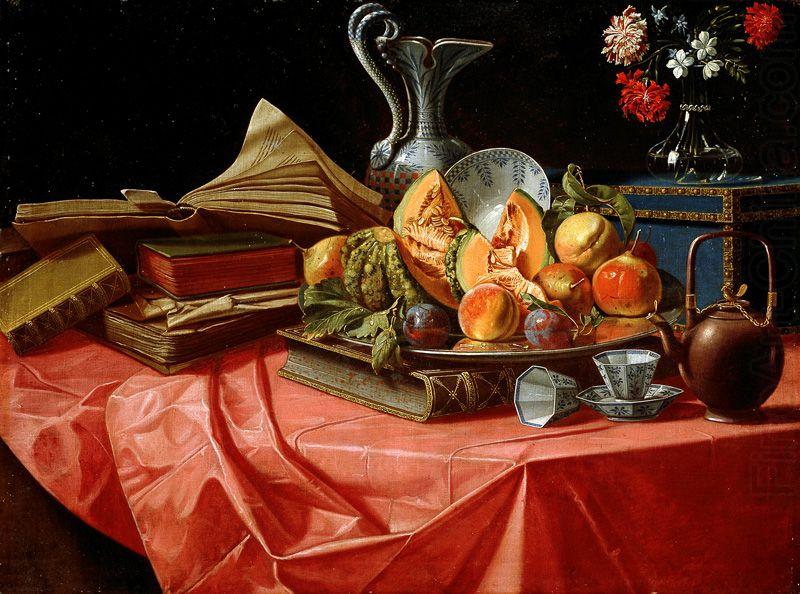 Cristoforo Munari vasetto di fiori e teiera su tavolo coperto da tovaglia rossa china oil painting image